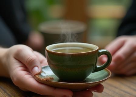 Primer plano de manos sosteniendo una taza de té artesanal durante una reunión creativa