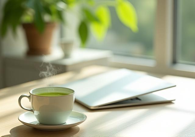 Taza de té verde humeante junto a una laptop en una oficina moderna y luminosa