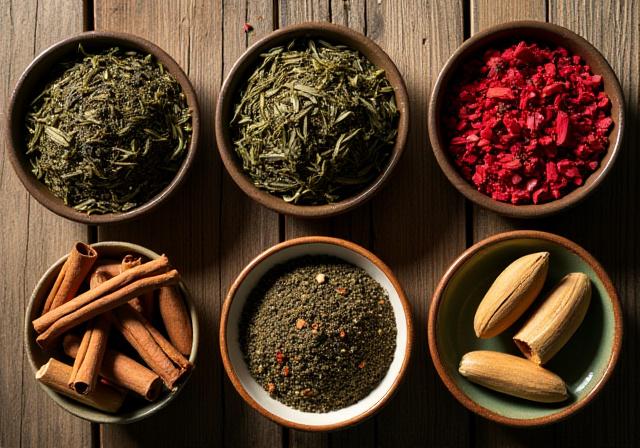 Hojas de té y especias organizadas sobre una mesa de madera